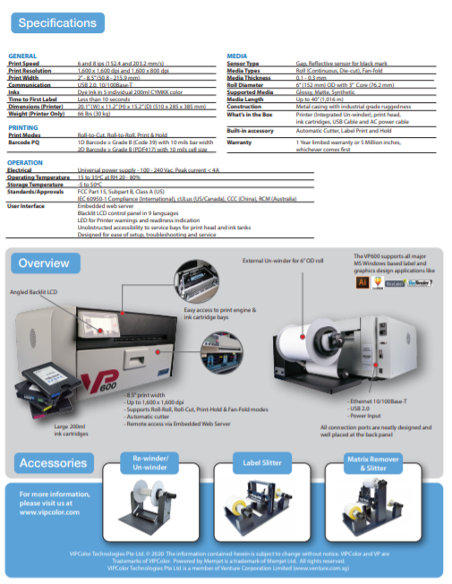 VIPColor VP600 Color Label Printer Color