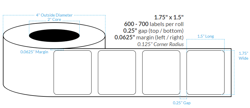 [100591-2X4-HGB-125-1000000] 1.75" x 1.5"  PREMIUM HIGH GLOSS WHITE Polypropylene BOPP {ROUNDED CORNERS} Roll Labels (2"CORE/4"OD)