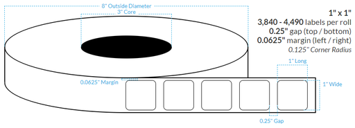 [100513-3X8-CB-161-1100000] 1" X 1"Inkjet Clear Polypropylene BOPP {Rounded Corners} Roll Labels  (3"Core/8"OD)