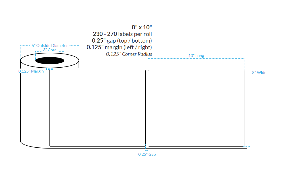 [100392-3X6-MWB-117-1000000] 8" X 10" Matte White Polypropylene BOPP {Rounded Corners} Roll Labels (3"Core/6"OD)
