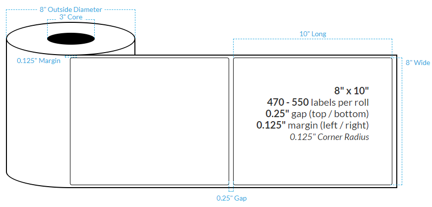 [100392-3X8-MWB-138-1000000] 8" X 10" Matte White Polypropylene BOPP {Rounded Corners} Roll Labels  (3"Core/8"OD)