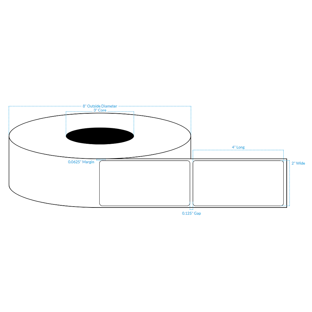 [100594-3X8-HGB-129-1000000] 2" X 4" 1 Across  Premium High Gloss White Polypropylene BOPP {Rounded Corners} Roll Labels  (3"Core/8"OD)
