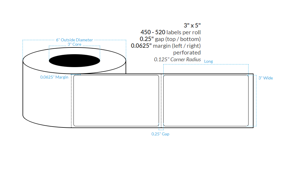 [100537-3X8-HGB-129-1000000] 3" X 5" Premium High Gloss White Polypropylene BOPP {Rounded Corners} Roll Labels  (3"Core/8"OD)