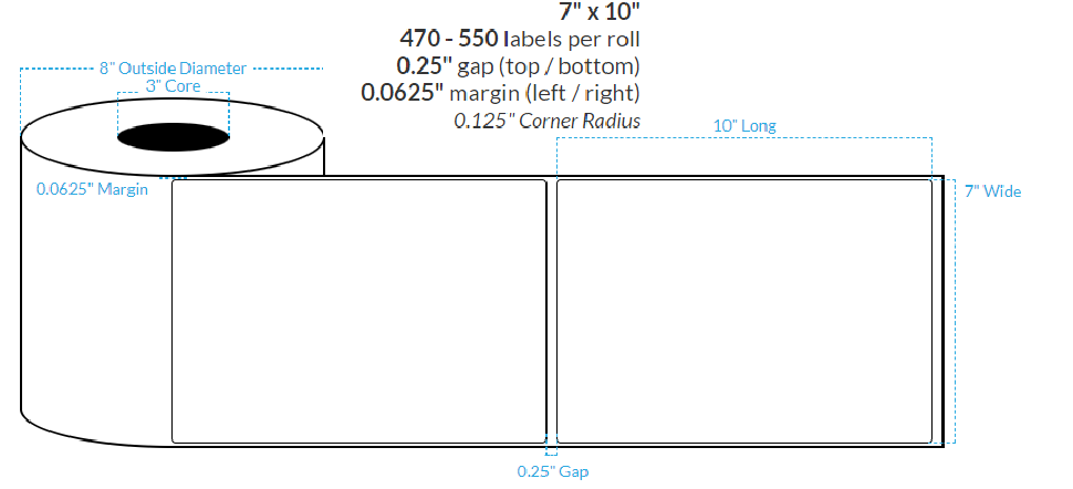 [101294-3X8-MWB-110-1000000] 7" X 10" Matte White Polypropylene BOPP {Rounded Corners} Roll Labels  (3"Core/8"OD)