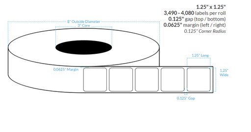 1.25" X 1.25" High Gloss White Polypropylene BOPP {Rounded Corners} Roll Labels  (3"Core/8"OD)