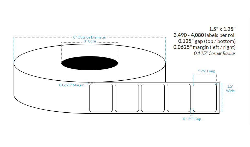 [100073-3X8-SGWP-161-1000000] 1.5" X 1.25"  Semi Gloss White Paper {Rounded Corners} Roll Labels (3"Core/8"OD)