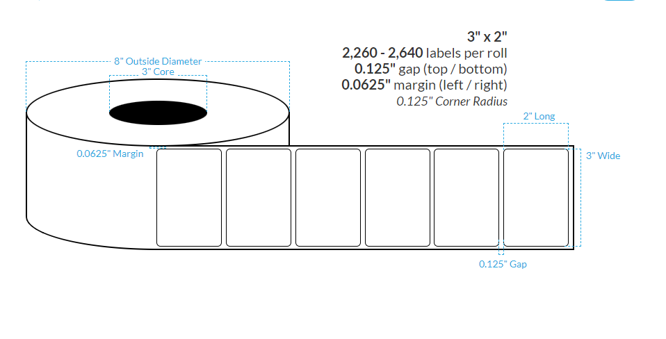 [100907-3X8-MWB-182-1000000] 3" X 2" Matte White Polypropylene BOPP {Rounded Corners} Roll Labels  (3"Core/8"OD)