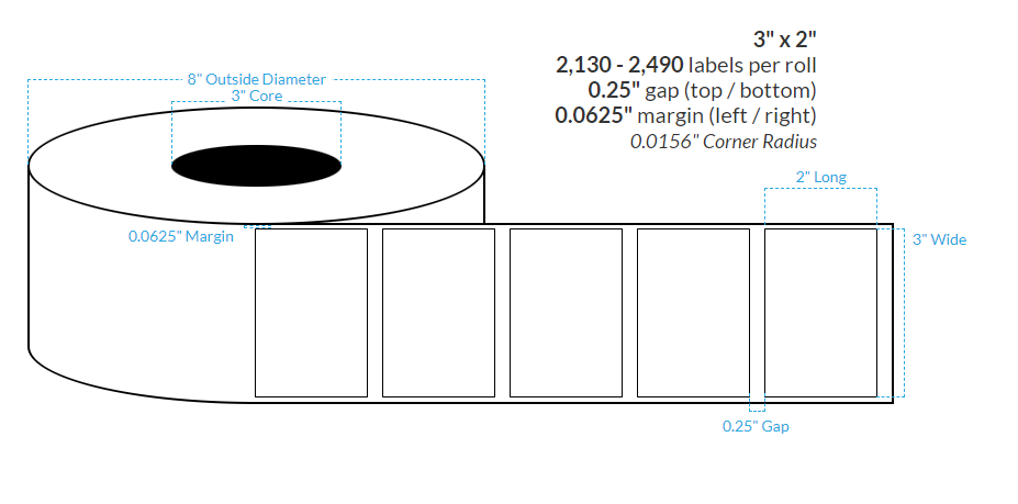 [102111-3X8-MWB-182-1000000] 3" X 2"  Matte White Polypropylene BOPP {Square Corners} Roll Labels  (3"Core/8"OD)