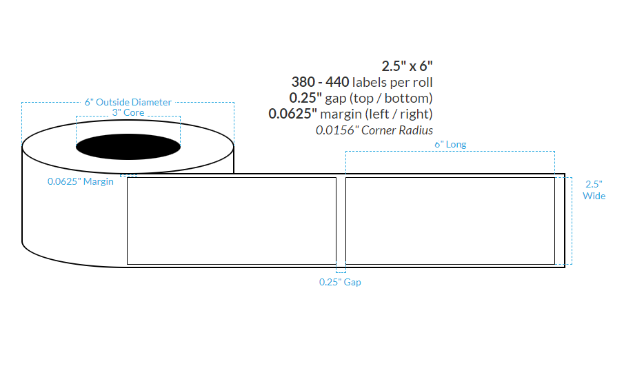 2.5" X 6" Premium High Gloss White Polypropylene BOPP {Square Corners} Roll Labels (3"Core/6"OD)