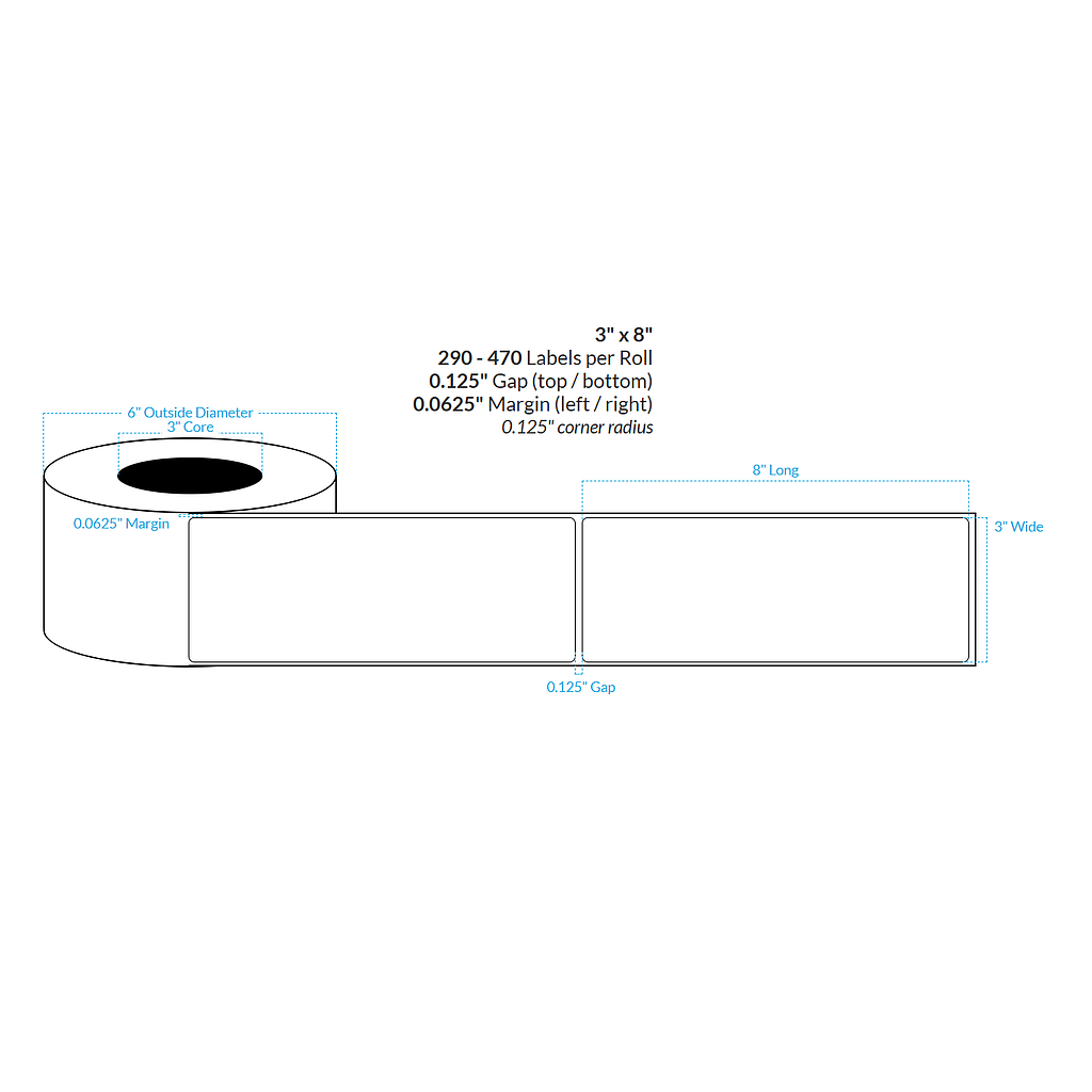 [000000-3X6-HGB-151-1000000] 3" X 8"  High Gloss White Polypropylene BOPP {Rounded Corners} Roll Labels (3"Core/6"OD)