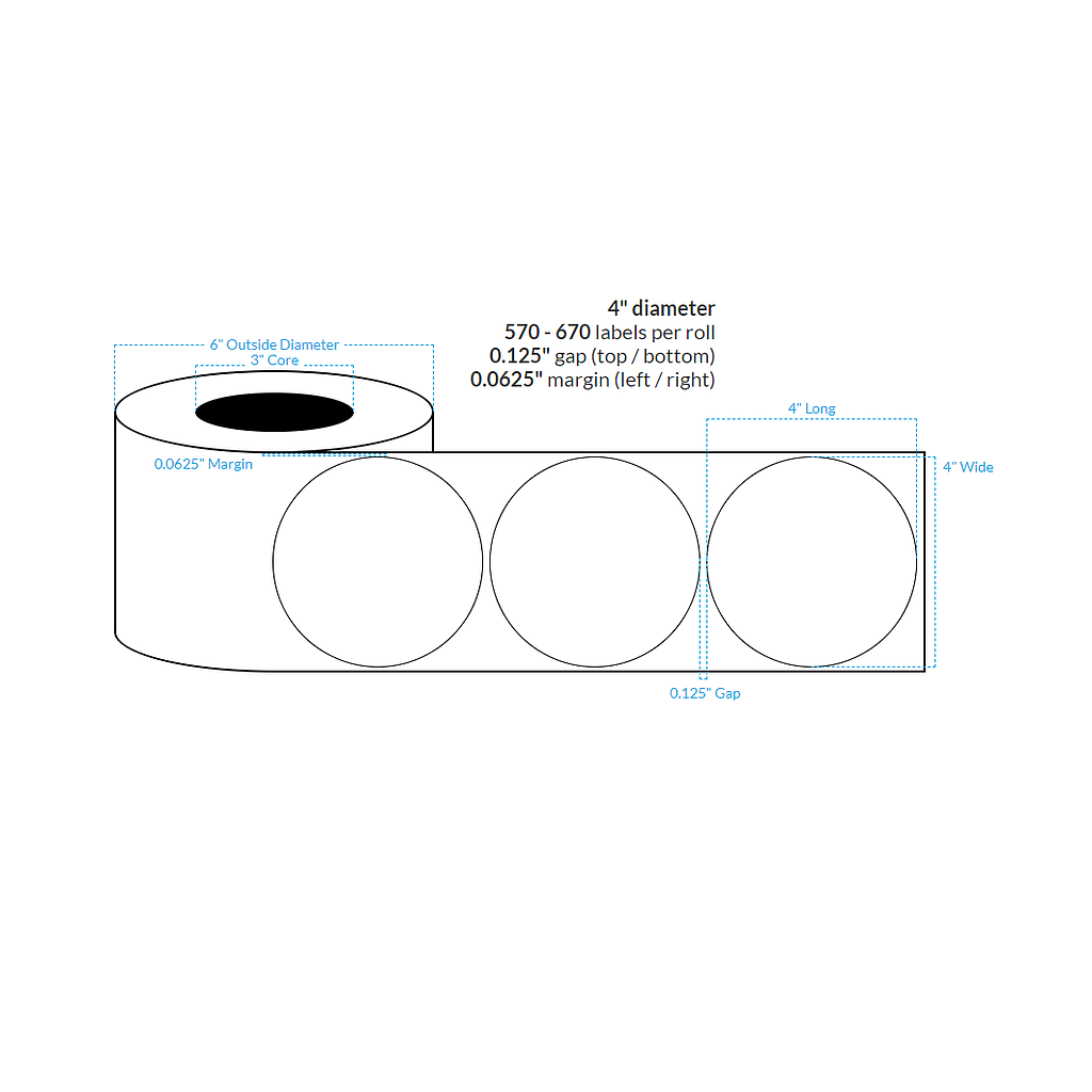 4" High Gloss Polypropylene BOPP {Circle} Roll Labels  (3"Core/6"OD)