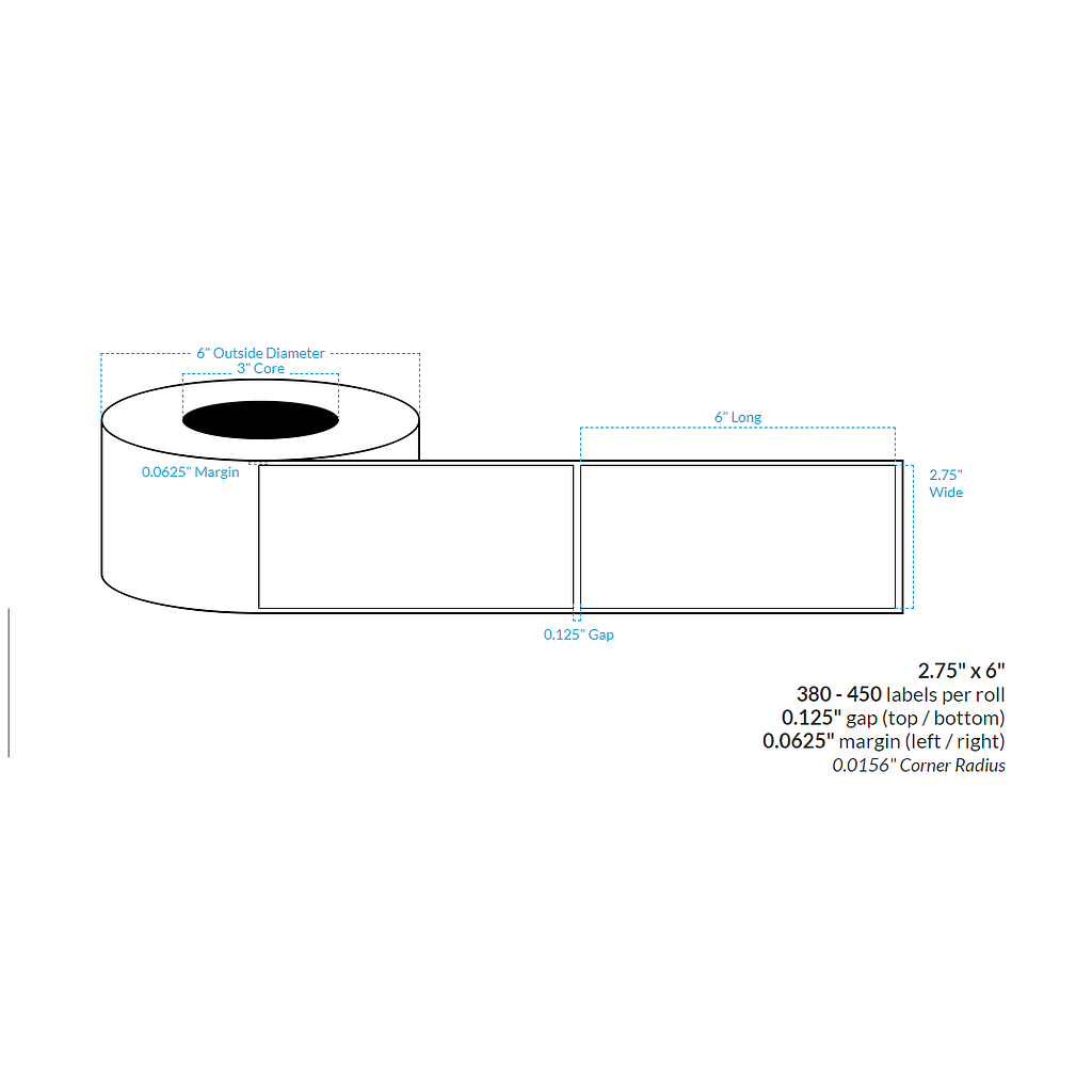 [102177-3X6-HGB-151-1000000] 2.75" X 6" High Gloss White Polypropylene BOPP {Square Corners} Roll Labels (3"Core/6"OD)
