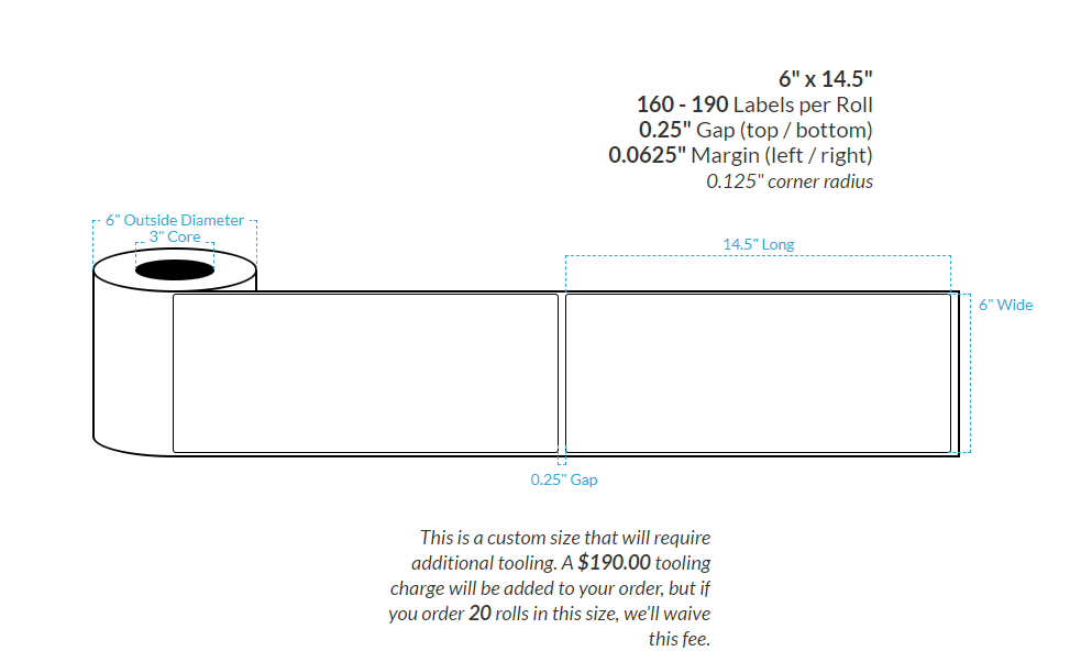 6" X 14.5" High Gloss White Polypropylene BOPP {Square Corners} Roll Labels (3"Core/6"OD)