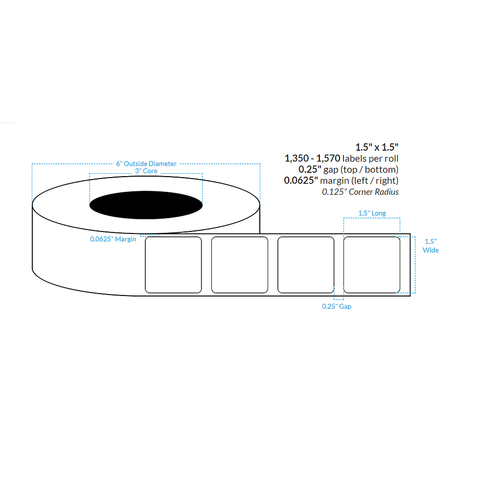 1.5" X 1.5"  Inkjet Clear Polypropylene (BOPP) {Rounded Corners} Roll Labels (3"Core/6"OD)