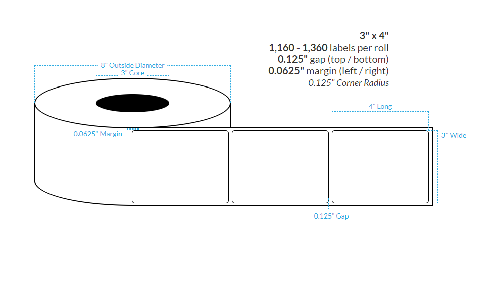 [100393-3X8-HGB-129-1000000] 3" X 4" HIGH GLOSS WHITE Polypropylene BOPP {ROUNDED CORNERS} Roll Labels  (3"CORE/8"OD)