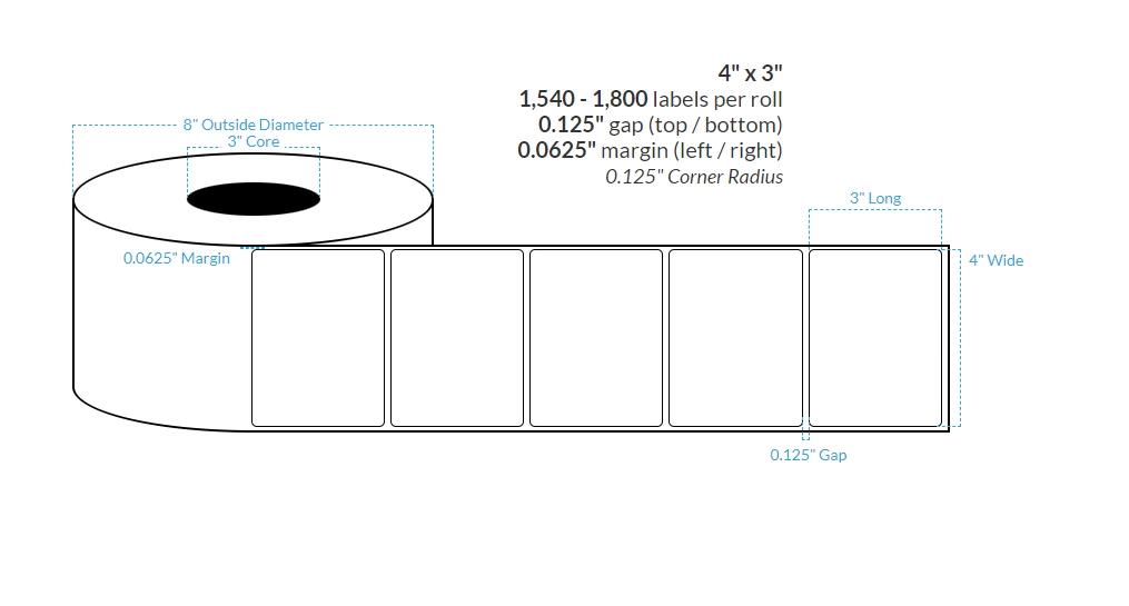 [100859-3X8-HGB-129-1000000] 4" X 3" High Gloss White Polypropylene BOPP {Rounded Corners} Roll Labels  (3"Core/8"OD)