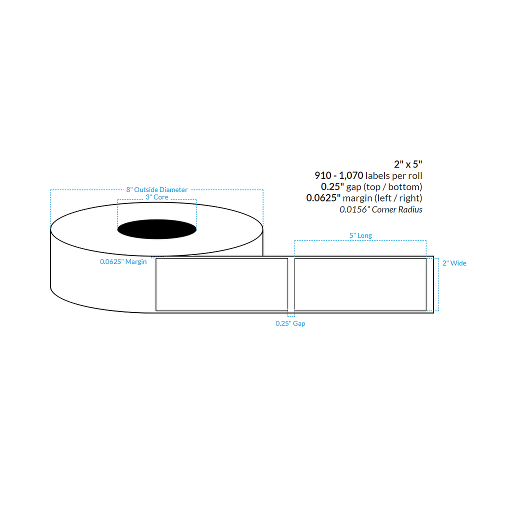 2" x 5" PREMIUM HIGH GLOSS WHITE Polypropylene BOPP {RECTANGLE} Roll Labels  (3"CORE/8"OD)