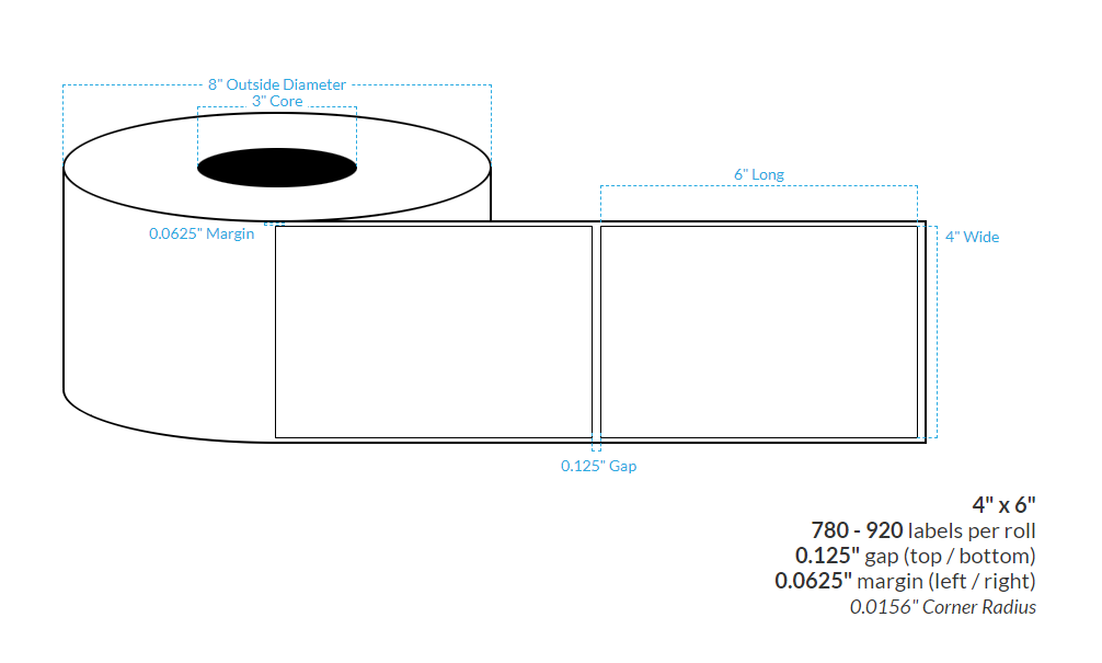 [102473-3X8-MWP-141-1000000] 4" X 6" Matte White Paper {Square} Roll Labels  (3"Core/8"OD)