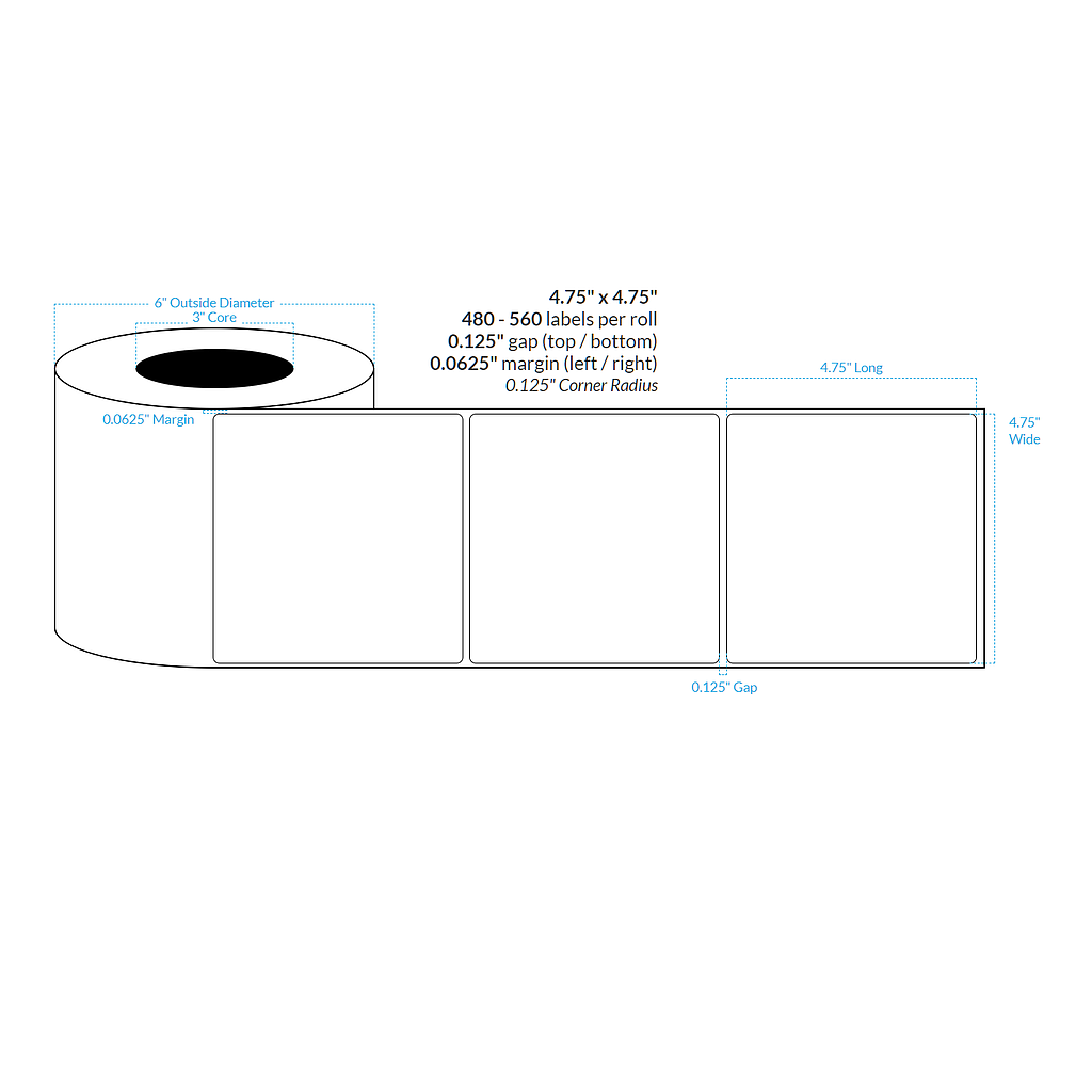 4.75" X 4.75" Premium High Gloss White Polypropylene BOPP {Rounded Corners} Roll Labels (3"Core/6"OD)