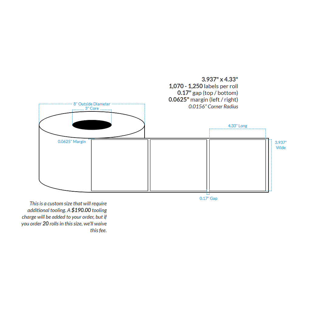 [103660-3X8-MWB-182-1000000] 3.937" X 4.33" Matte White Polypropylene BOPP {Square Corners} Roll Labels  (3"Core/8"OD)