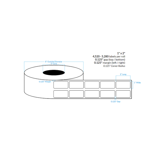 1" X 2" 2-ACROSS High Gloss White {Rounded Corners} Roll Labels  (3"Core/8"OD)