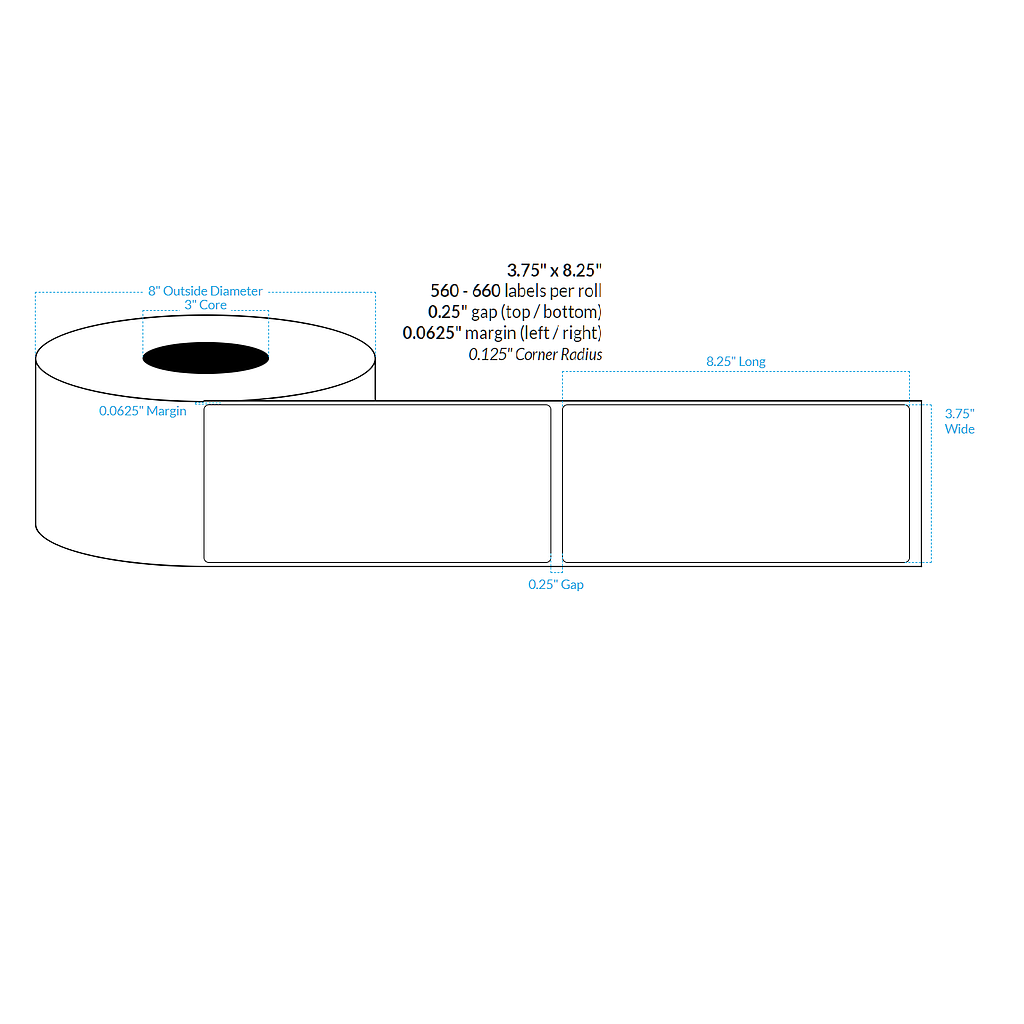 [101025-3X8-HGB-143-1000000] 3.75" X 8.25" High Gloss White Polypropylene BOPP {Rounded Corners} Roll Labels  (3"Core/8"OD)