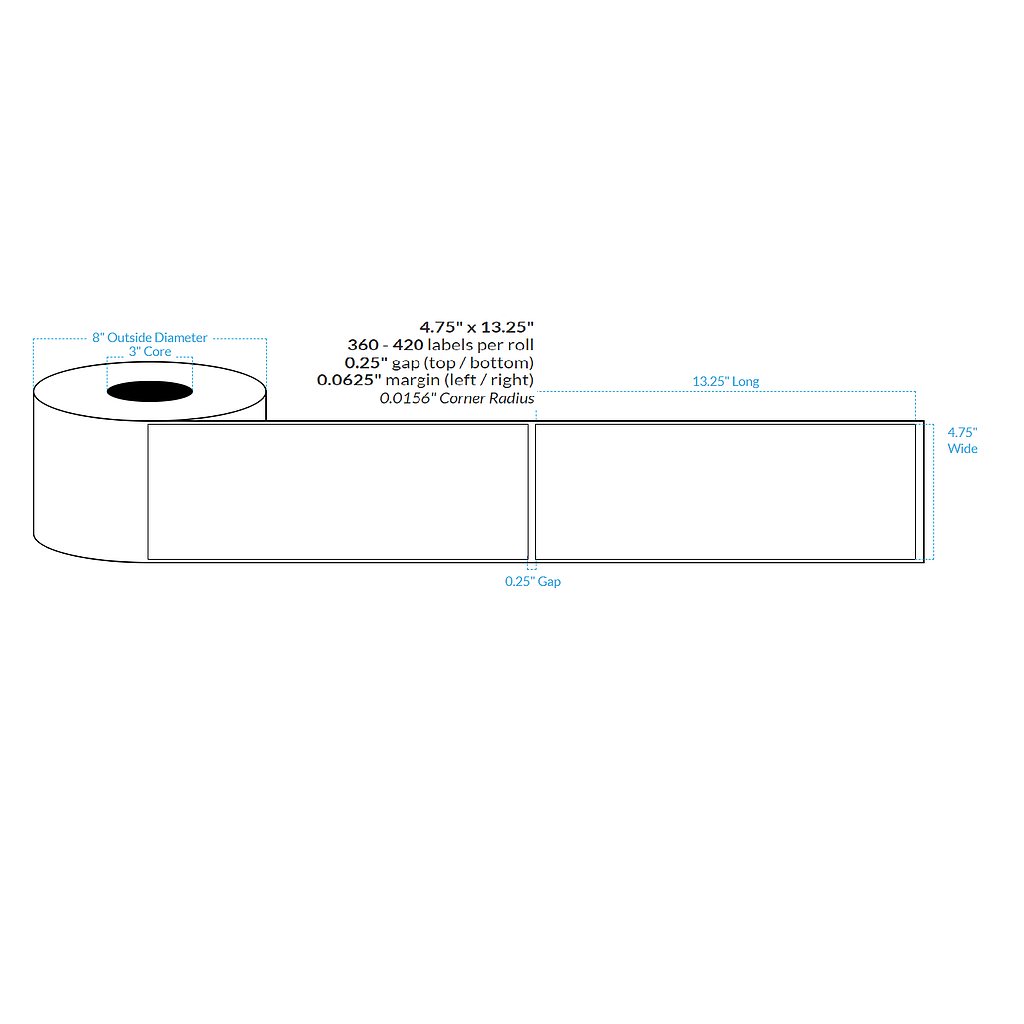 4.75" X 13.25" High Gloss White Paper {Square Corners} Roll Labels (3"Core/8"OD)