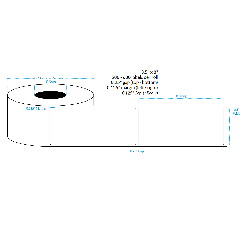 [100865-3X8-MWB-129-1000000] 3.5" X 8"  Matte White Polypropylene BOPP {Rounded Corners} Roll Labels  (3"Core/8"OD)