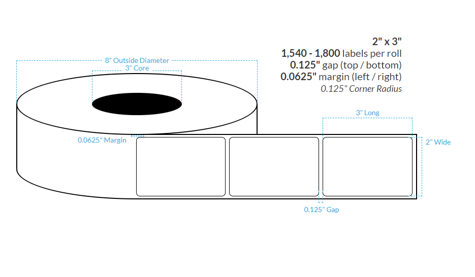 [101335-3X8-MWB-161-1000000] 2" X 3"  Matte White Polypropylene BOPP {Square} Roll Labels  (3"Core/8"OD)
