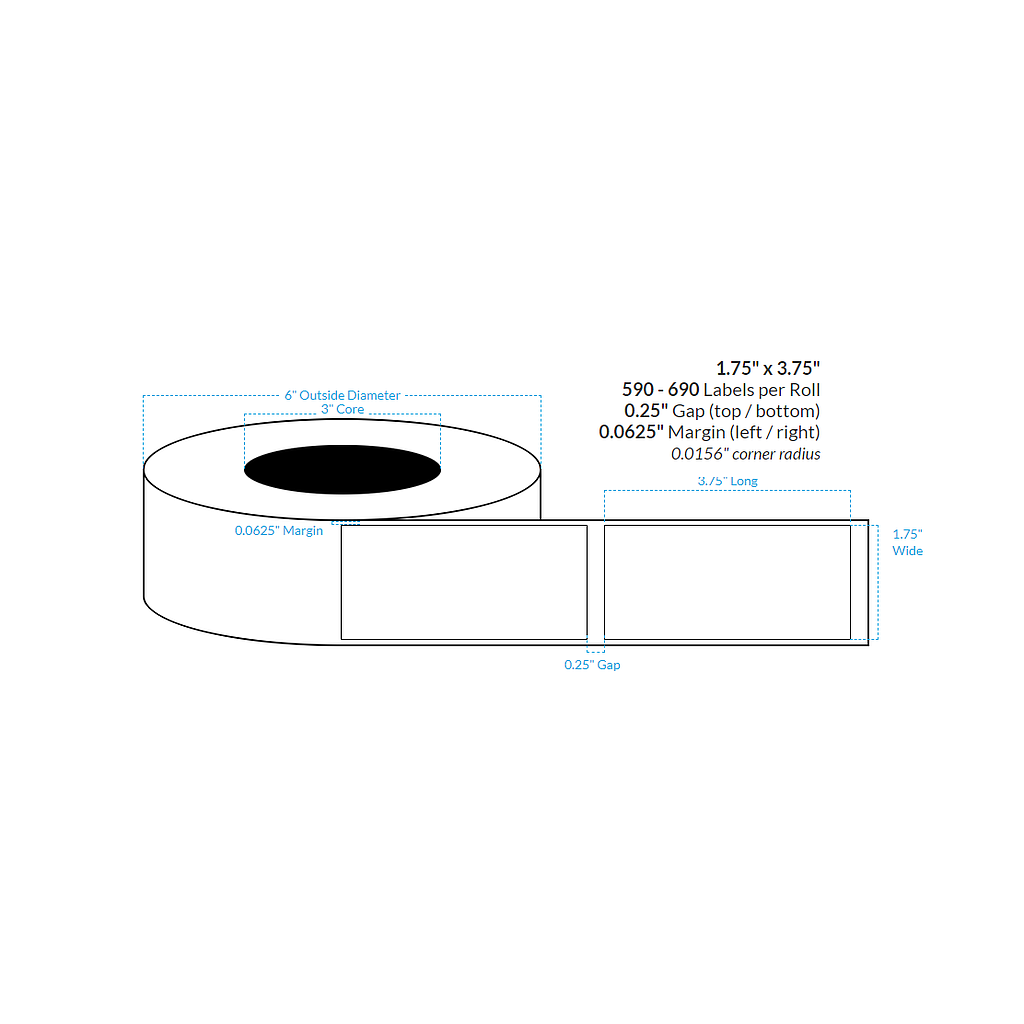 [101015-3X6-MWB-130-1000000] 1.75" X 3.75" Matte White Polypropylene BOPP {Rectangle} Roll Labels  (3"Core/6"OD)