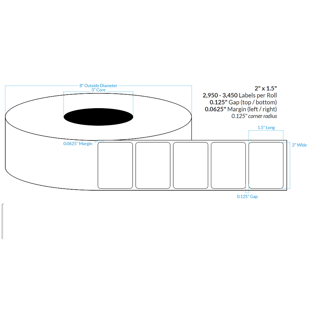 2" X 1.5"  Matte White Polypropylene BOPP {Rounded Corners} Roll Labels  (3"Core/8"OD)
