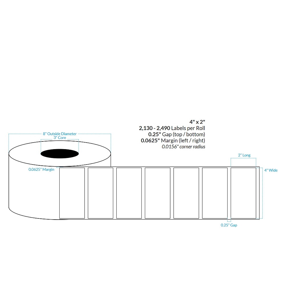 [100257-3X8-HGB-160-1000000] 4" X 2" High Gloss White Polypropylene BOPP {Square Corners} Roll Labels (3"Core/8"OD)