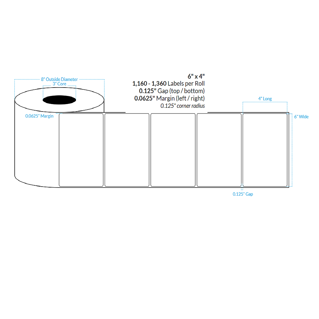 [100685-3X8-HGWP-181-1000000] 6" X 4" High Gloss White Paper {Rounded Corners} Roll Labels  (3"Core/8"OD)