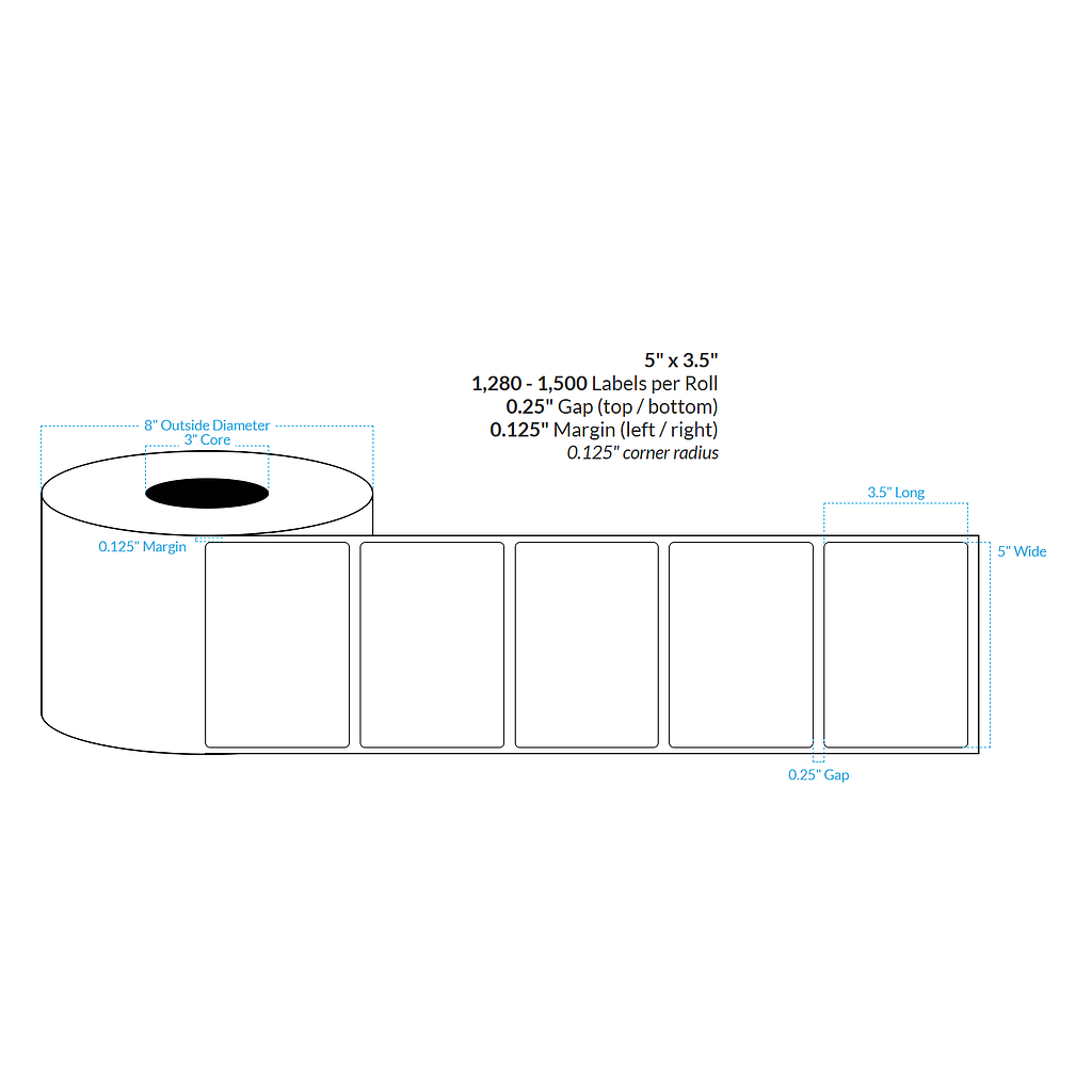 [100555-3X8-MWP-181-1000000] 5" X 3.5" Matte White Paper {Rounded Corners} Roll Labels  (3"Core/8"OD)
