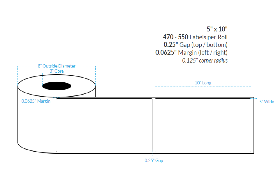 [100105-3X8-HGB-182-1000000] 5" x 10" HIGH GLOSS WHITE Polypropylene BOPP {ROUNDED CORNERS} Roll Labels  (3"CORE/8"OD)