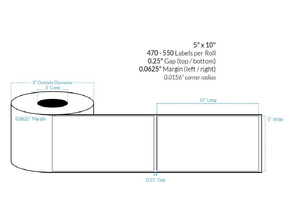 [102978-3X8-MWP-182-1000000] 5" X 10" Matte White Paper {Square Corners} Roll Labels  (3"Core/8"OD)