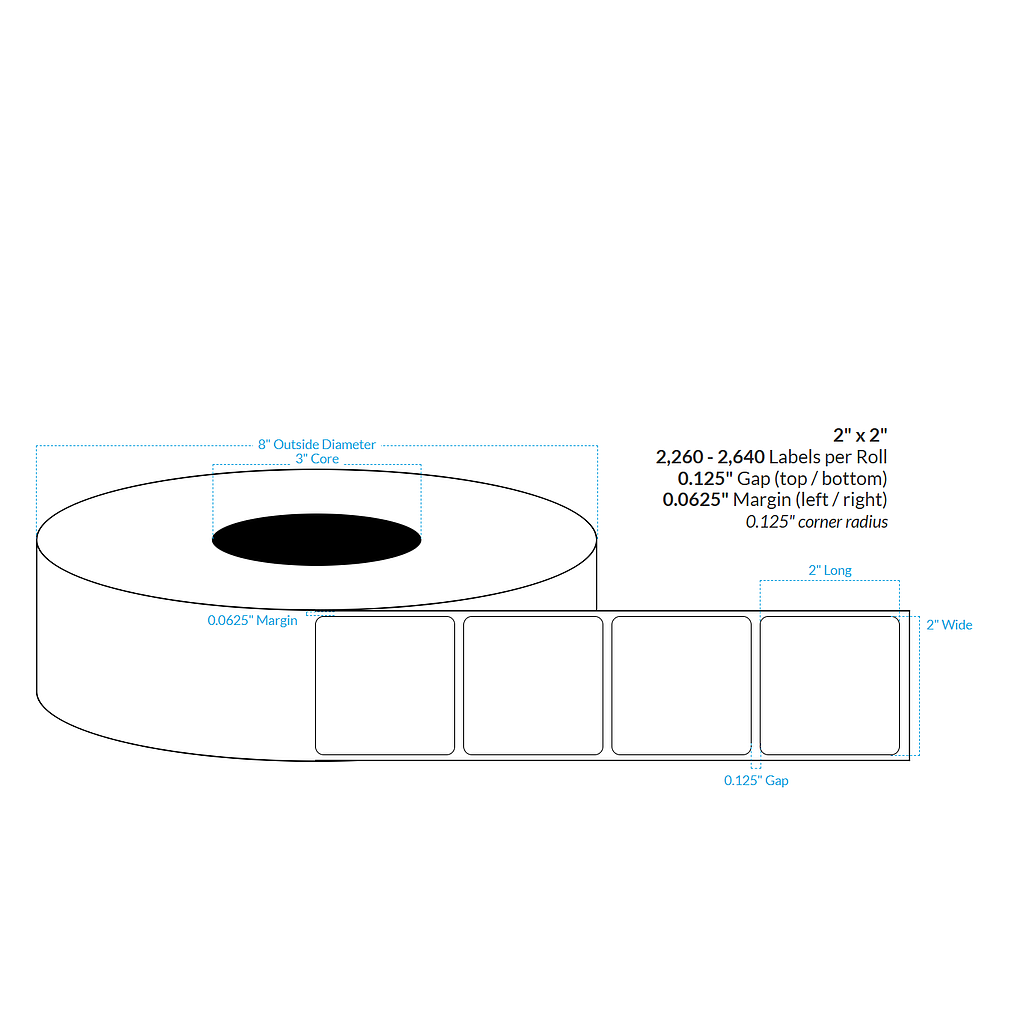 [100707-3X8-CB-161-1100000] 2" X 2"  Inkjet Clear Polypropylene BOPP {Rounded Corners} Roll Labels  (3"Core/8"OD)
