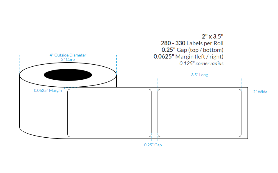 [100848-2X4-SGWP-195-1000000] 2" X 3.5" Semi Gloss White Paper {Rounded Corners} Roll Labels (2"Core/4"OD)