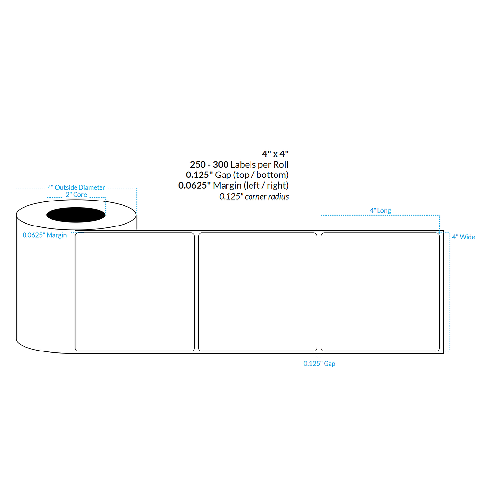 4" X 4" High Gloss White Polypropylene BOPP {Rounded Corners} Roll Labels (2"Core/4"OD)