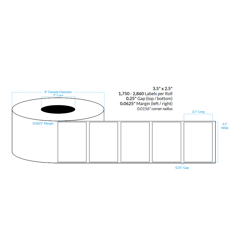 [101076-3X8-MWB-161-1000000] 3.5" X 2.5" Matte White Polypropylene (BOPP) {Square Corners} Roll Labels  (3"Core/8"OD)