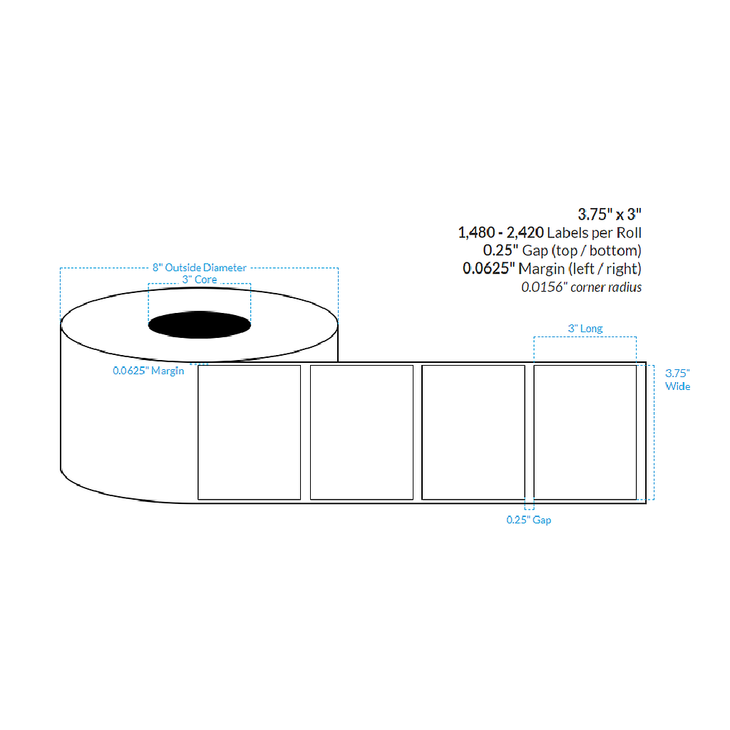 [103431-3X8-HGWP-182-1000000] 3.75" X 3" High Gloss White Paper {Square Corners} Roll Labels (3"Core/8"OD)
