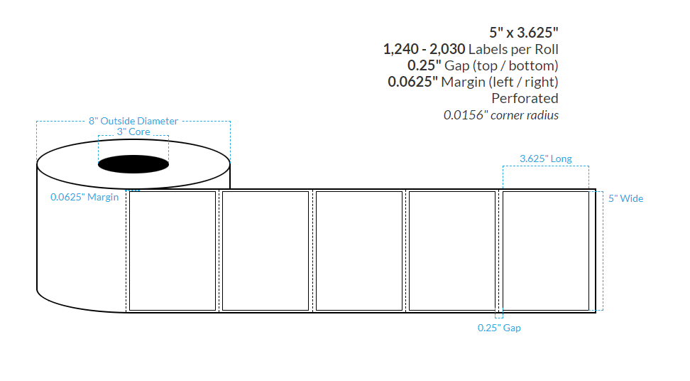 [100416-3X8-HGWP-182-1000000] 5" X 3.625" High Gloss White Paper {Square Corners-Perforated} Roll Labels (3"Core/8"OD)