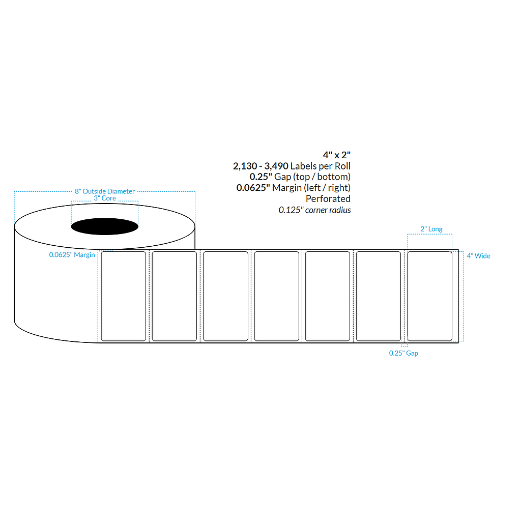 [100481-3X8-MWB-129-1000000] 4" X 2" Matte White Polypropylene BOPP {Rounded Corners} Perforated Roll Labels (3"Core/8"OD)