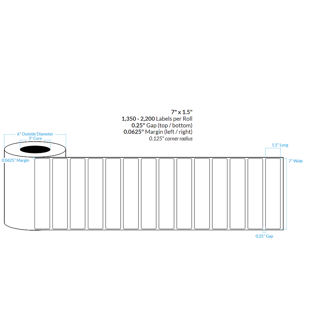 7" X 1.5" High Gloss White Polypropylene BOPP {Rounded Corners} Roll Labels  (3"Core/6"OD)