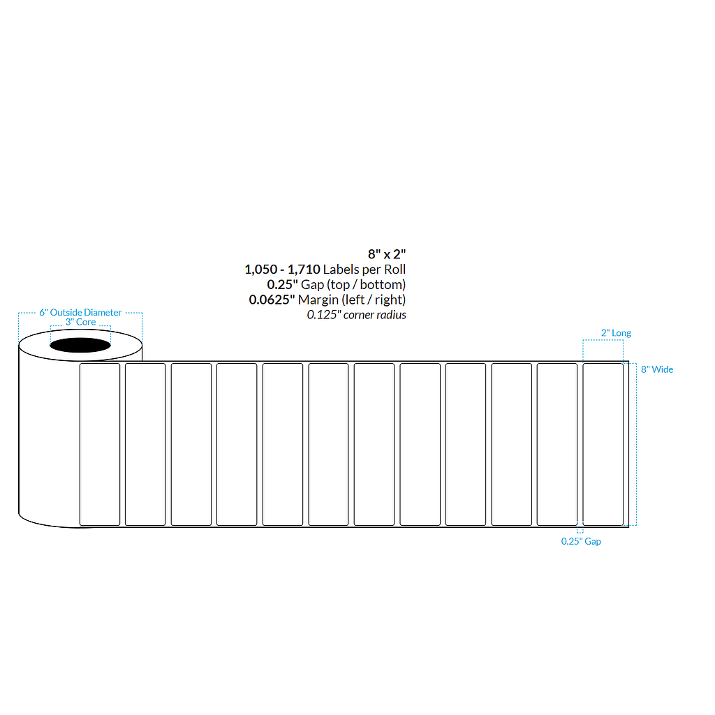 [103133-3X6-HGB-113-1000000] 8" X 2" High Gloss White Polypropylene BOPP {Rounded Corners} Roll Labels (3"Core/6"OD)
