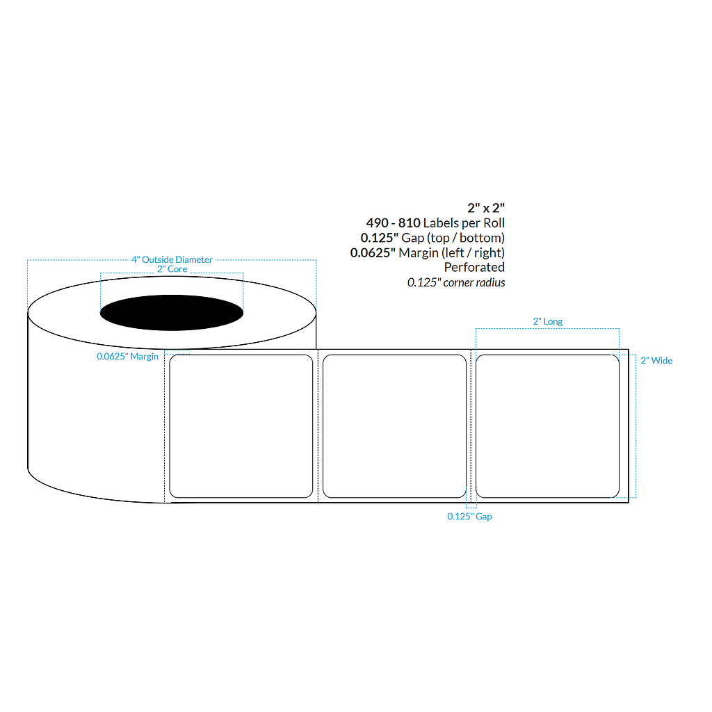 [101574-2X4-MWP-195-1000000] 2" x 2"  MATTE WHITE PAPER {ROUNDED CORNERS} PERFORATED Roll Labels  (2"CORE/4"OD)