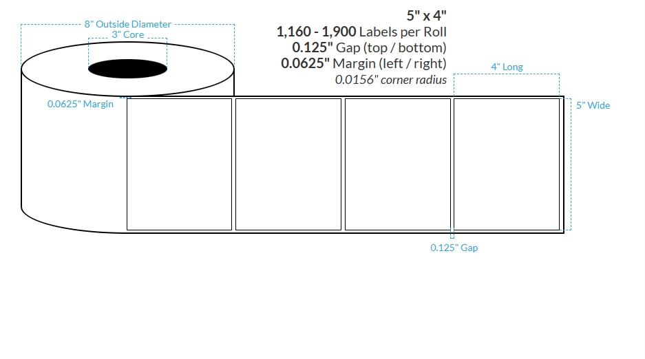 [103931-3X8-RHGB-110-1000000] 5" X 4" Removable High Gloss White Polypropylene  BOPP {Square Corners} Roll Labels (3"Core/8"OD)