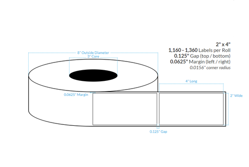 [102392-3X6-MWP-149-1000000] 2" X 4"  Matte White Paper {Square Corners} Roll Labels  (3"Core/6"OD)
