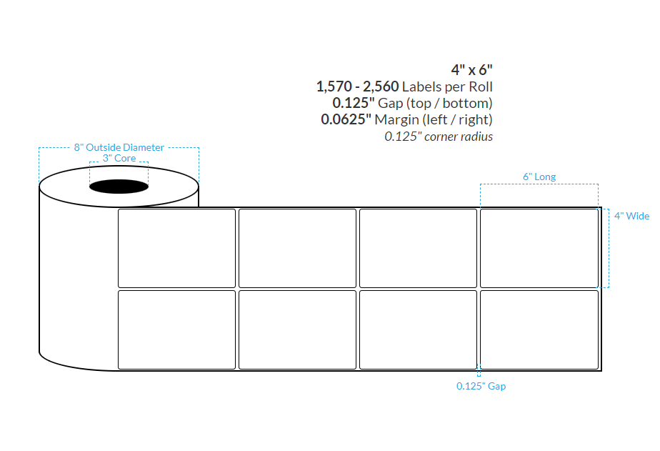 [100868-3X8-HGWP-138-2000000] 4" X 6" High Gloss White Paper {Rounded Corners} Roll Labels  (3"Core/8"OD)