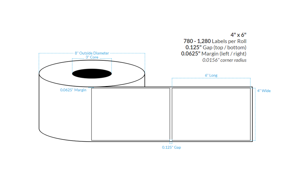 [102473-3X8-RMWB-160-1000000] 4" X 6" Removable Matte White Polypropylene BOPP {Square} Roll Labels  (3"Core/8"OD)
